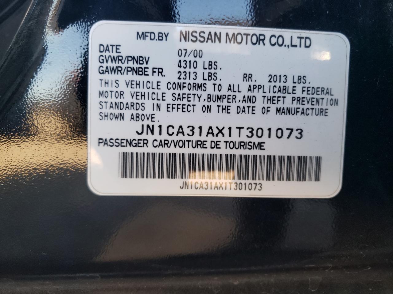 2001 Nissan Maxima Gxe VIN: JN1CA31AX1T301073 Lot: 76506274