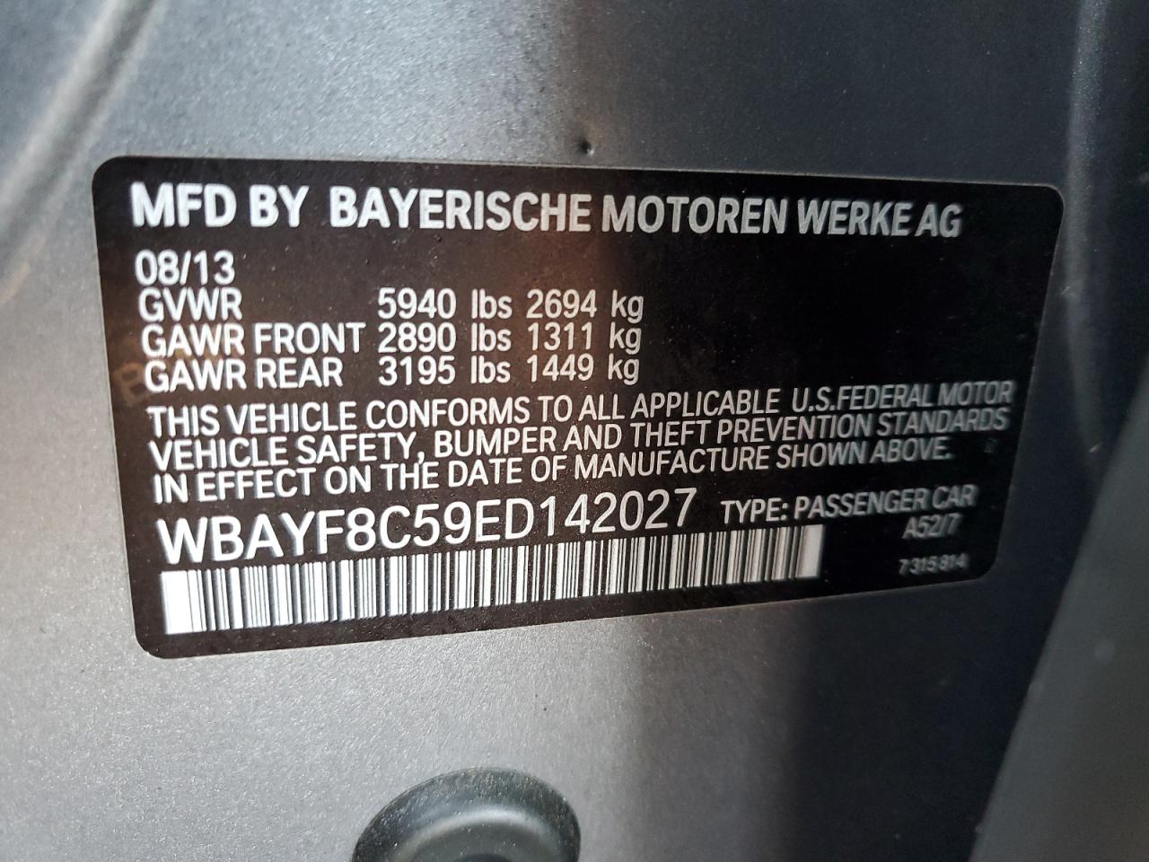 2014 BMW 750 Lxi VIN: WBAYF8C59ED142027 Lot: 76057744