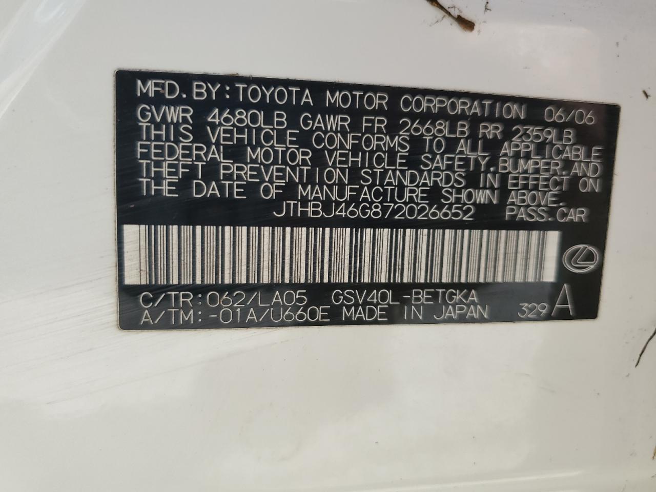 JTHBJ46G872026652 2007 Lexus Es 350