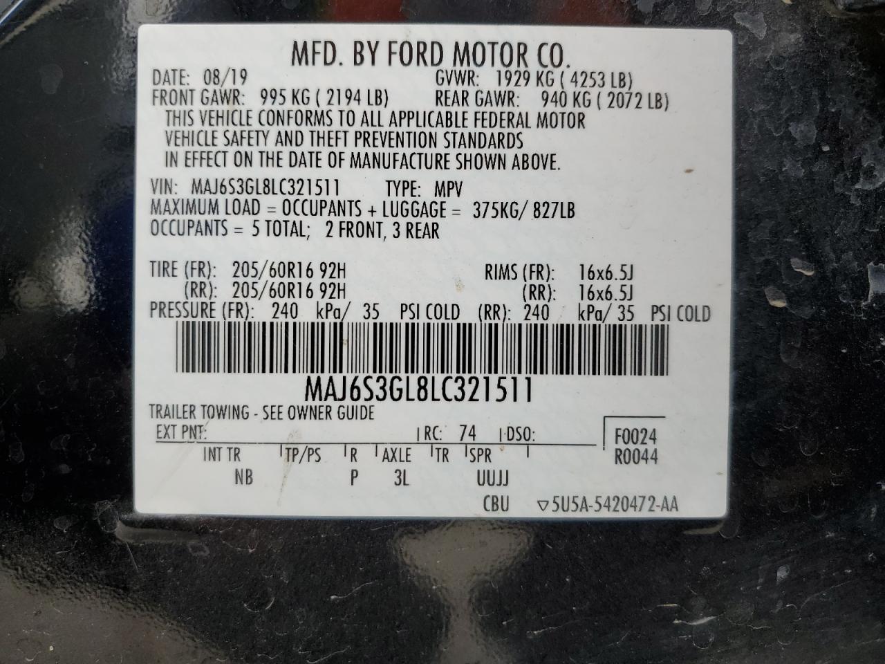 VIN MAJ6S3GL8LC321511 2020 FORD ECOSPORT no.13