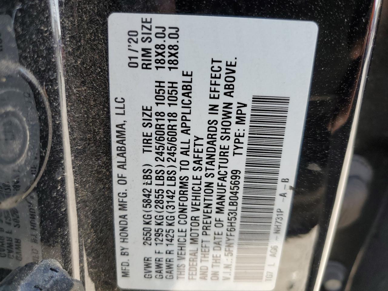 2020 Honda Pilot Exl VIN: 5FNYF6H53LB045699 Lot: 76933094