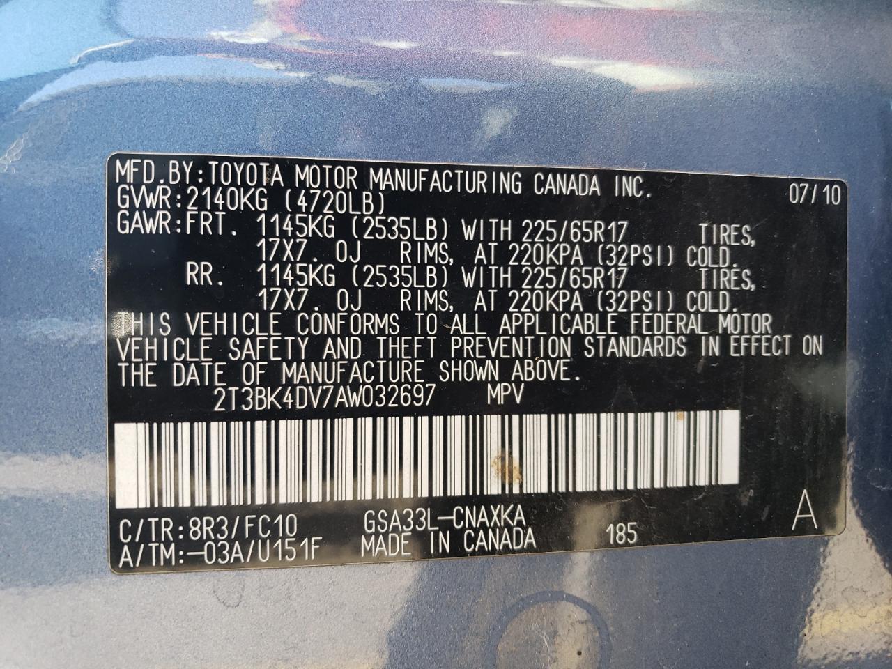 2010 Toyota Rav4 VIN: 2T3BK4DV7AW032697 Lot: 76632154