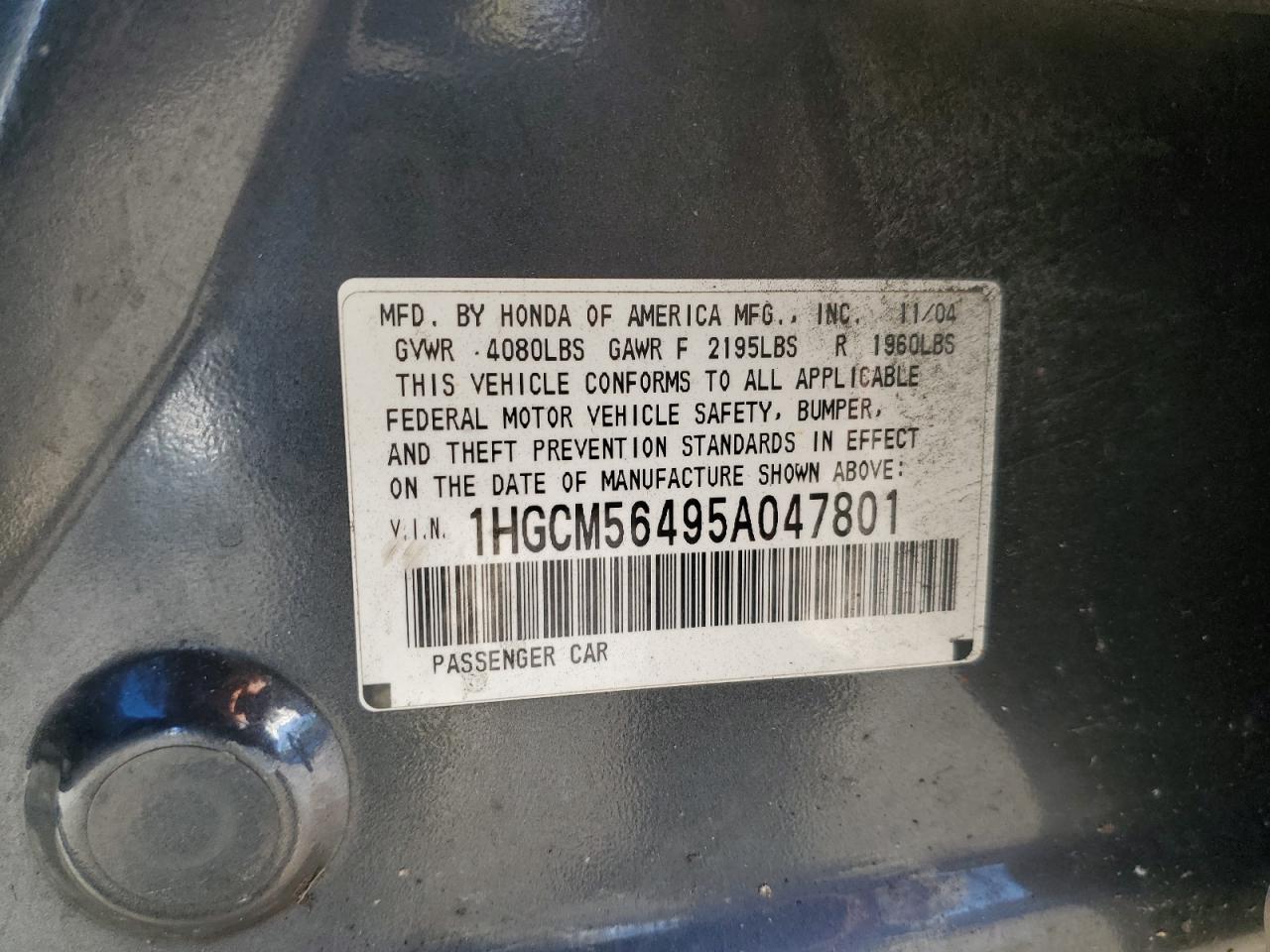 1HGCM56495A047801 2005 Honda Accord Lx