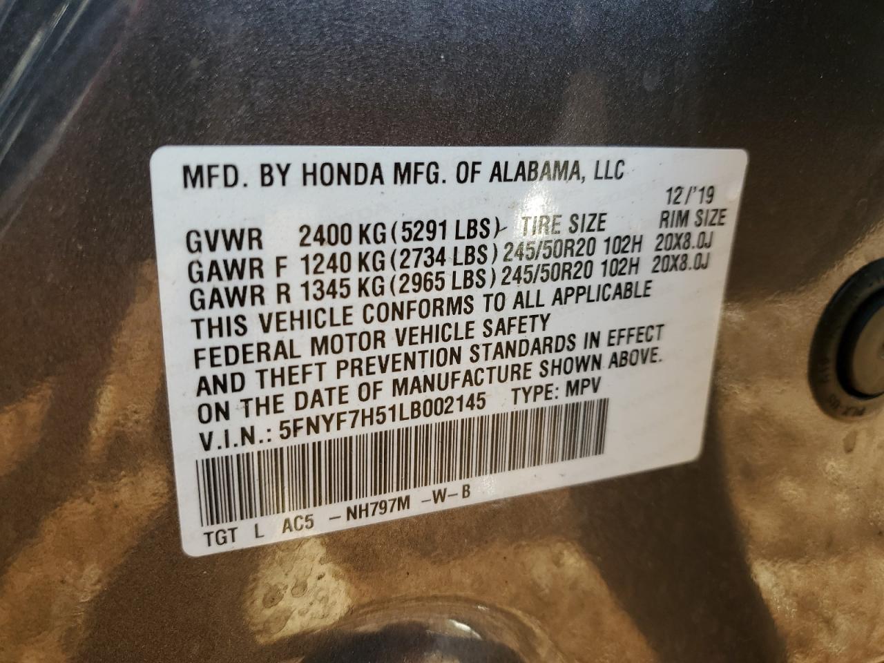 VIN 5FNYF7H51LB002145 2020 HONDA PASSPORT no.14