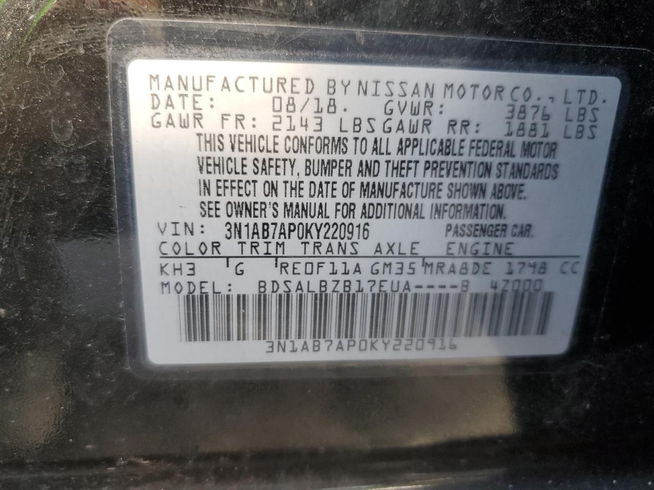 3N1AB7AP0KY220916 2019 Nissan Sentra S