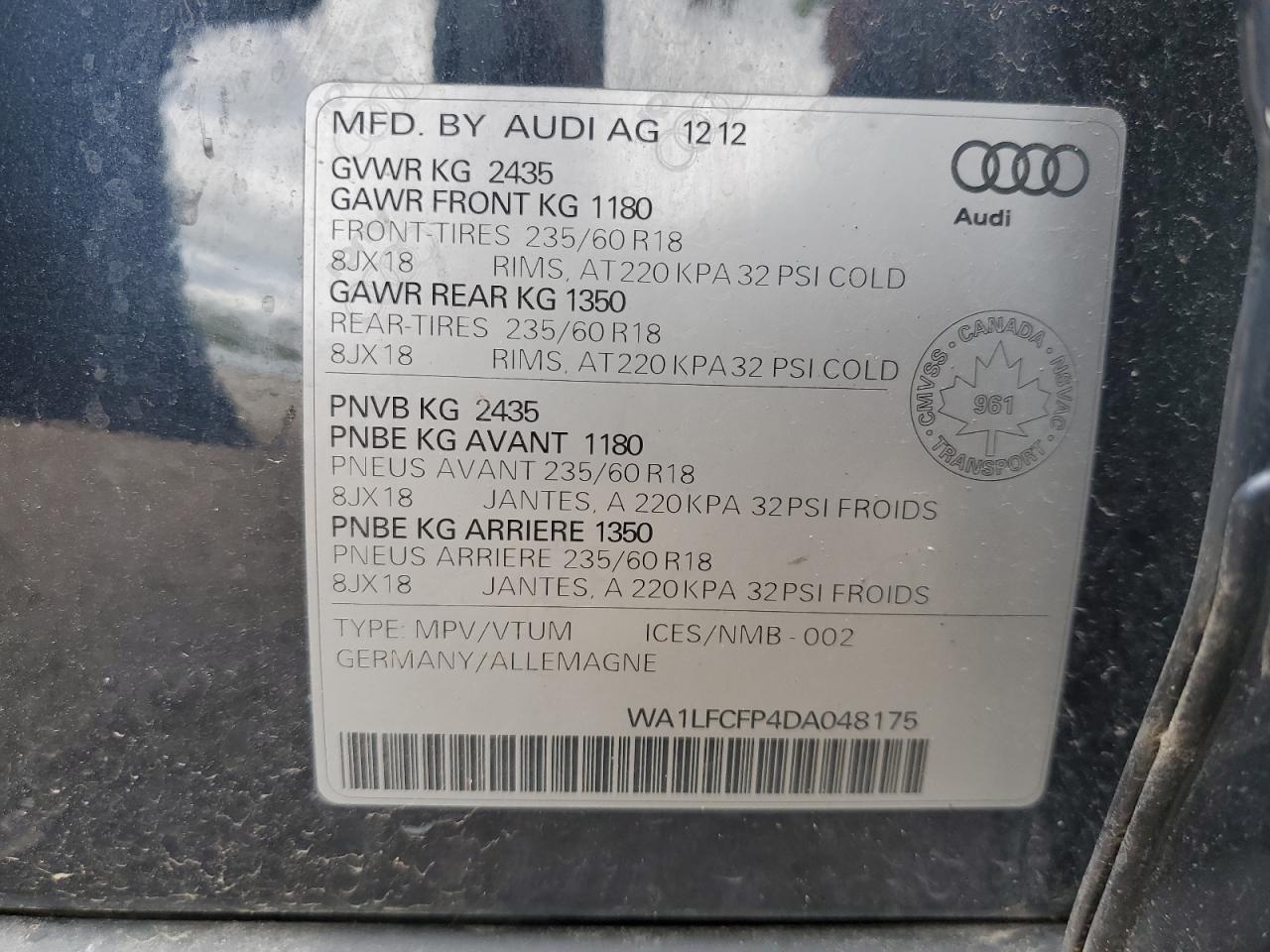 2013 Audi Q5 Premium Plus VIN: WA1LFCFP4DA048175 Lot: 72455124