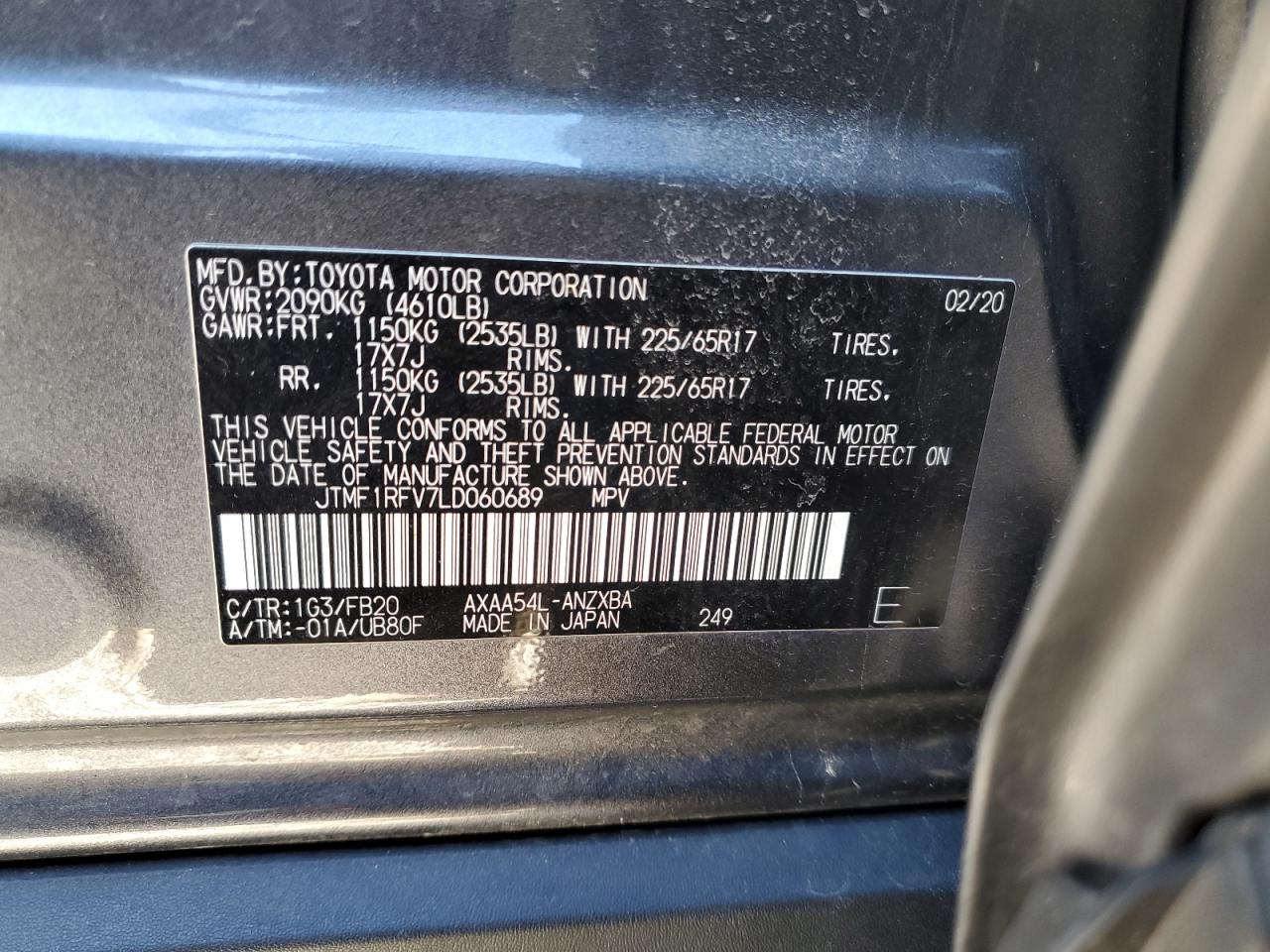 2020 Toyota Rav4 Le VIN: JTMF1RFV7LD060689 Lot: 75954674