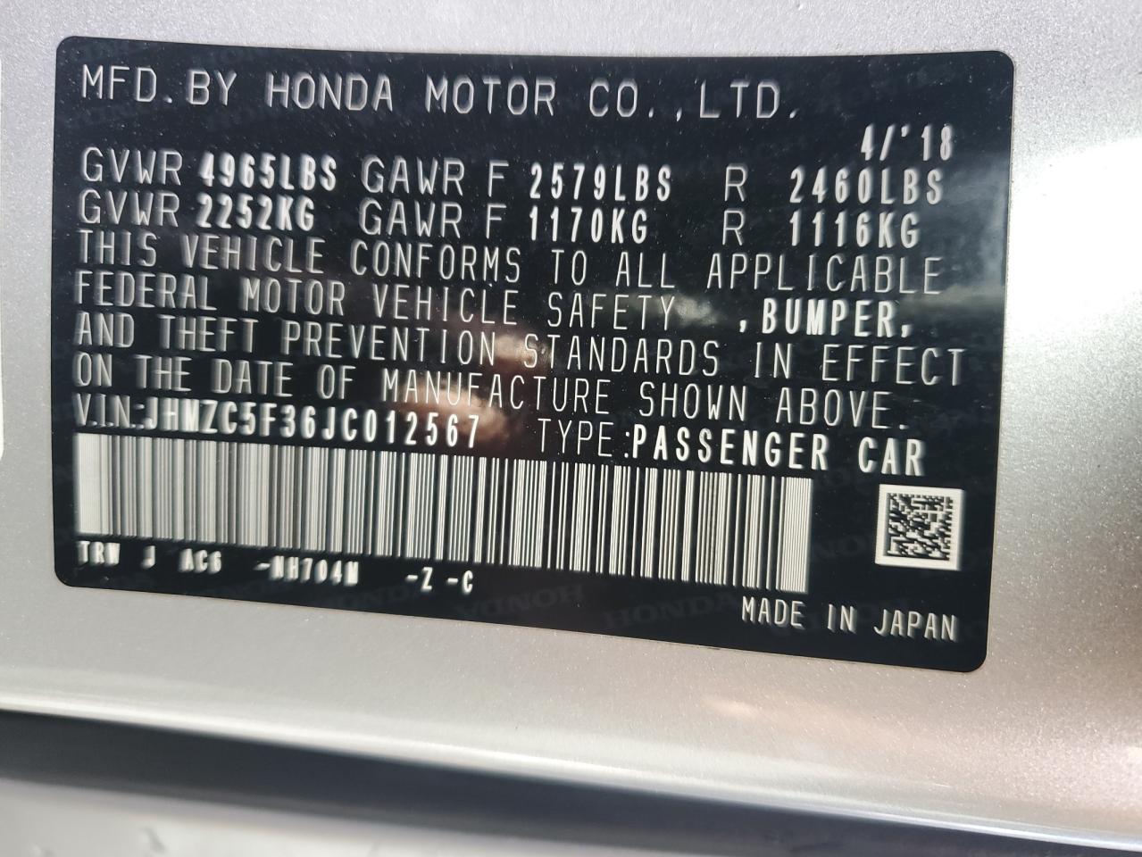 JHMZC5F36JC012567 2018 Honda Clarity Touring