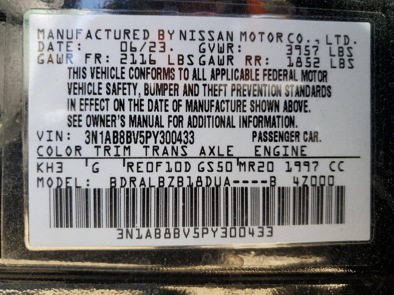 3N1AB8BV5PY300433 2023 Nissan Sentra S