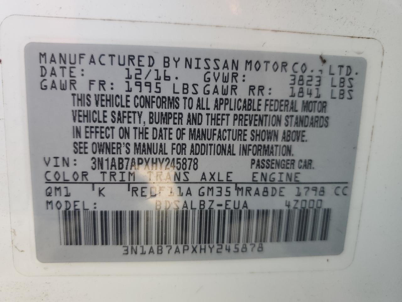 3N1AB7APXHY245878 2017 Nissan Sentra S