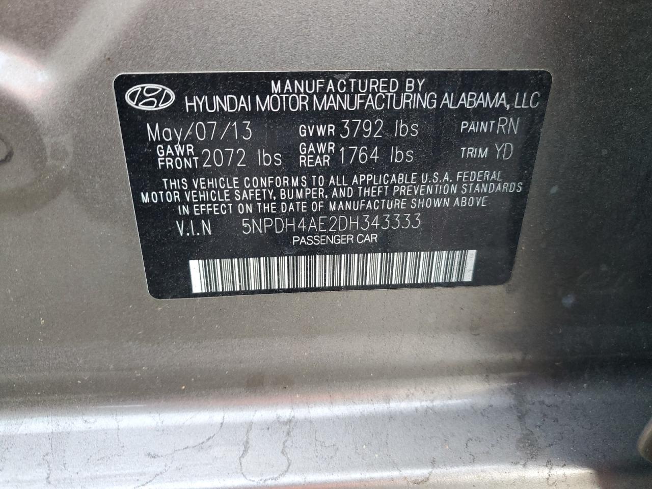 2013 Hyundai Elantra Gls VIN: 5NPDH4AE2DH343333 Lot: 75728504