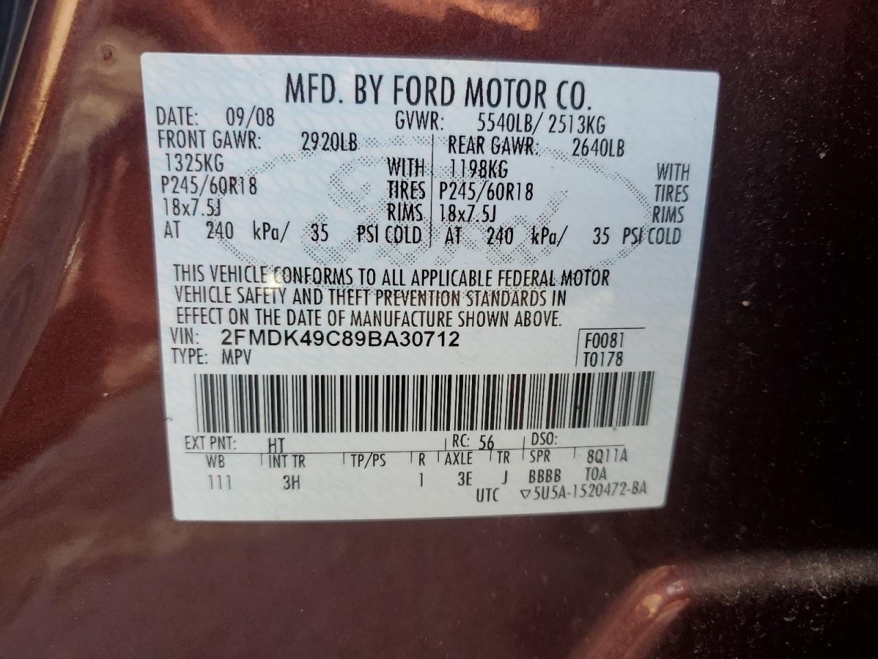 2FMDK49C89BA30712 2009 Ford Edge Limited