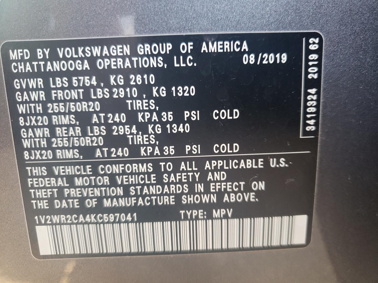 1V2WR2CA4KC597041 2019 Volkswagen Atlas Se