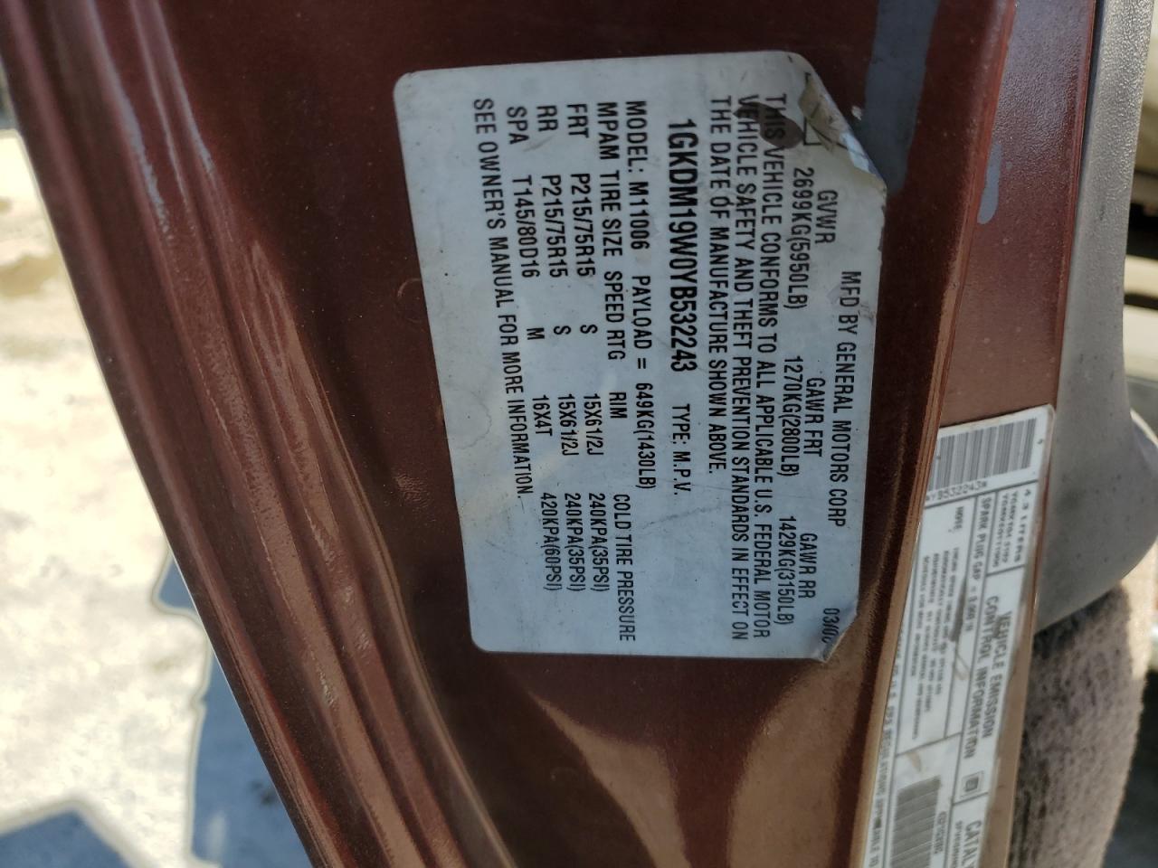 2000 GMC Safari Xt VIN: 1GKDM19W0YB532243 Lot: 77384054