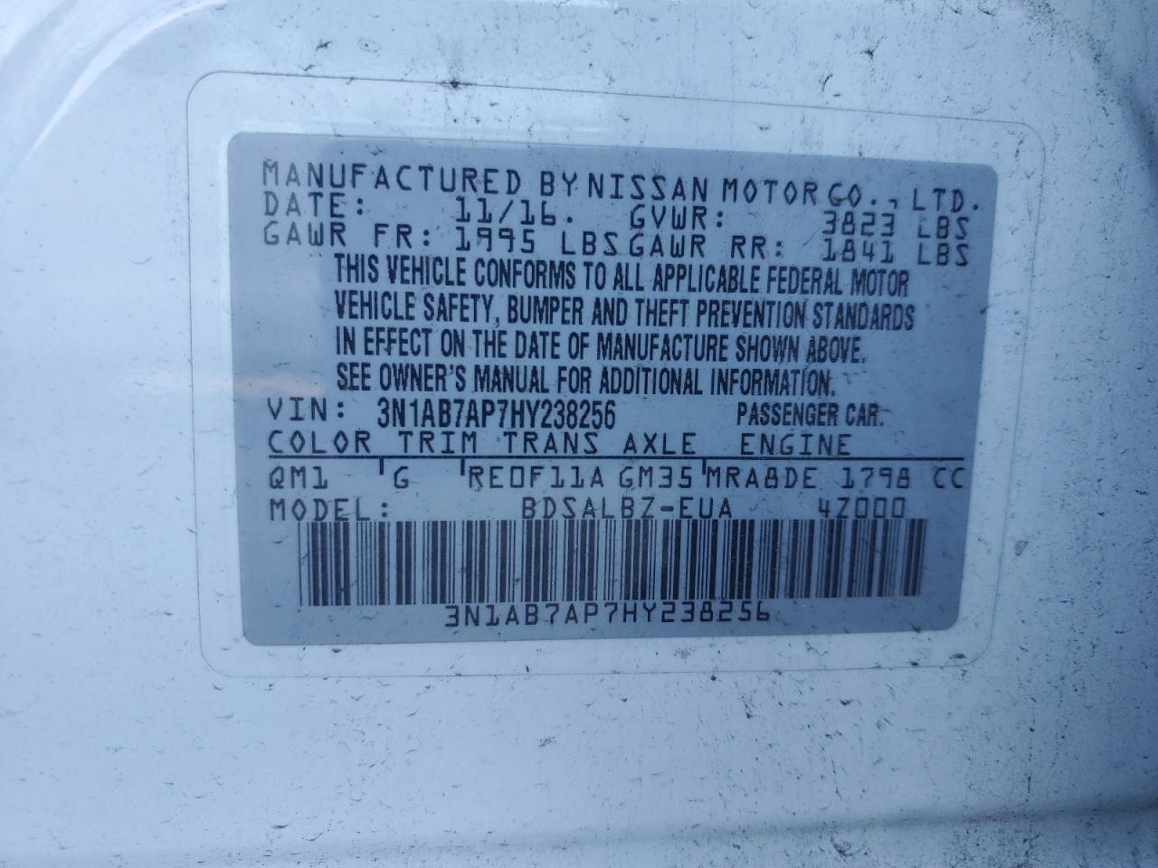 3N1AB7AP7HY238256 2017 Nissan Sentra S