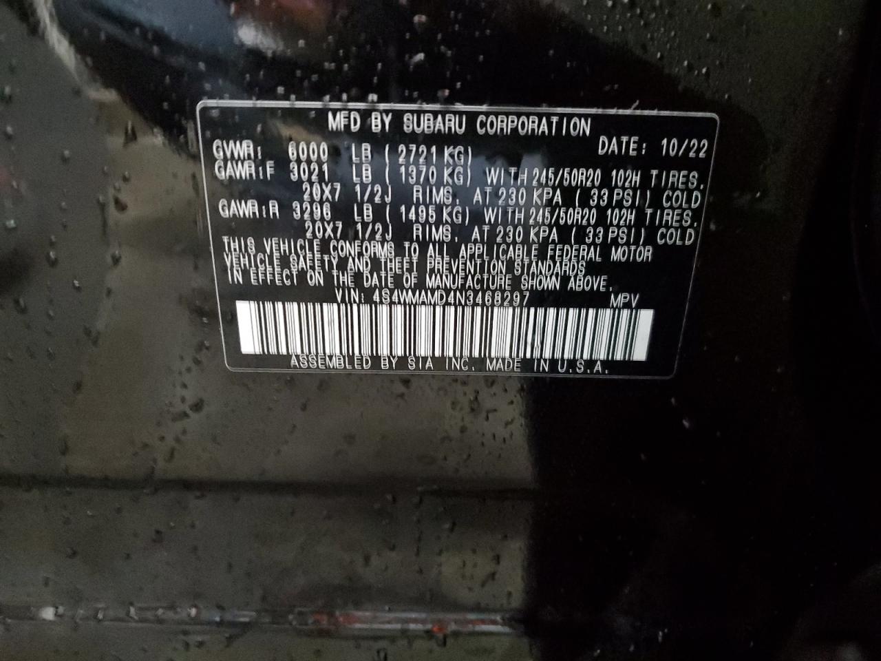 2022 Subaru Ascent Limited VIN: 4S4WMAMD4N3468297 Lot: 77412014