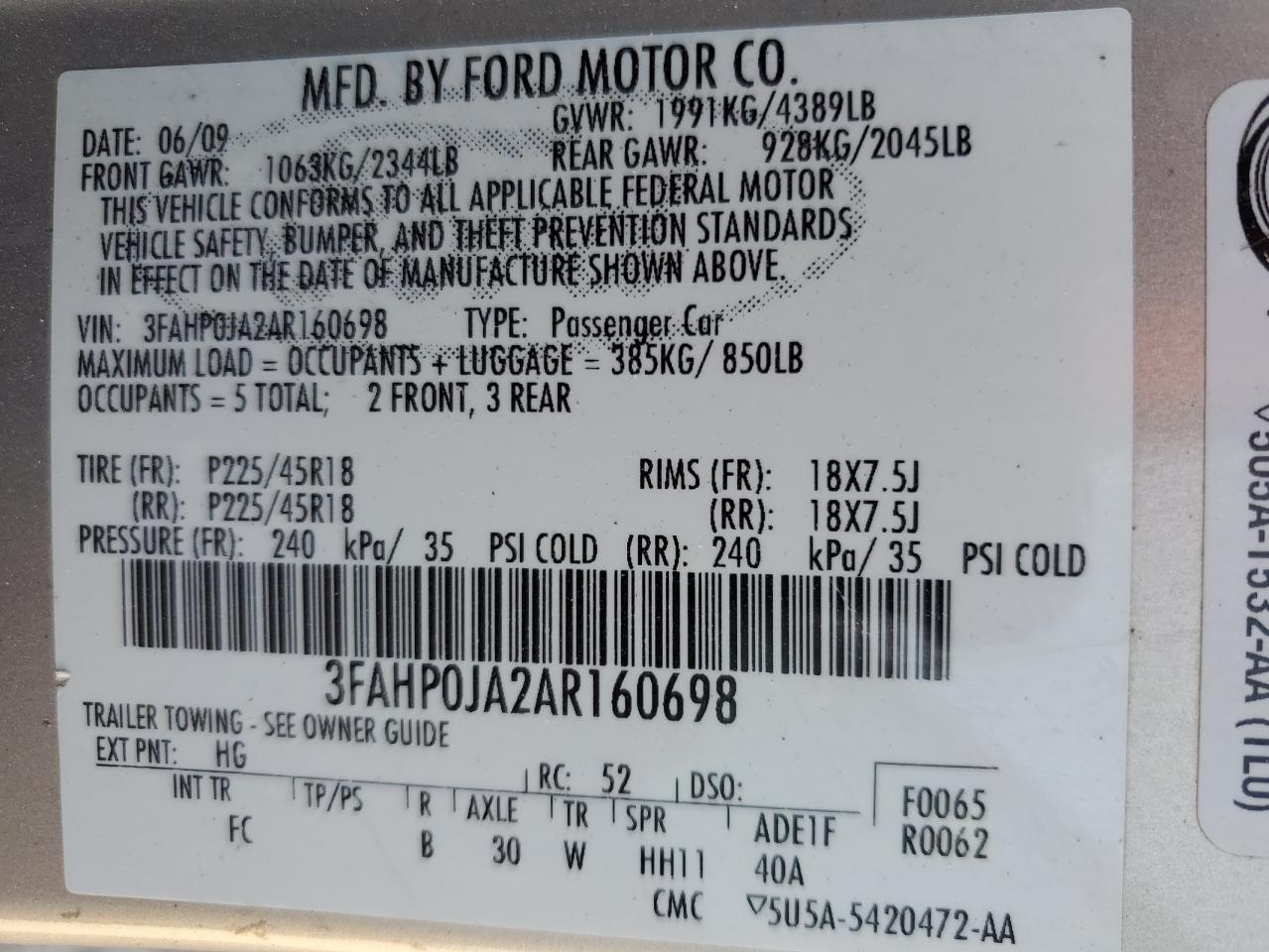 3FAHP0JA2AR160698 2010 Ford Fusion Sel