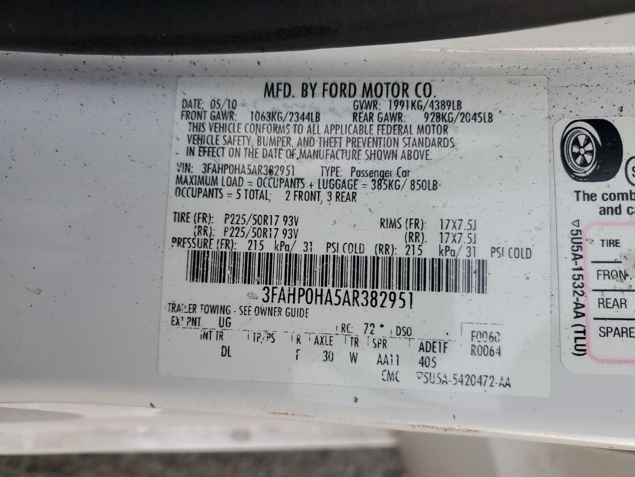 2010 Ford Fusion Se VIN: 3FAHP0HA5AR382951 Lot: 77812524