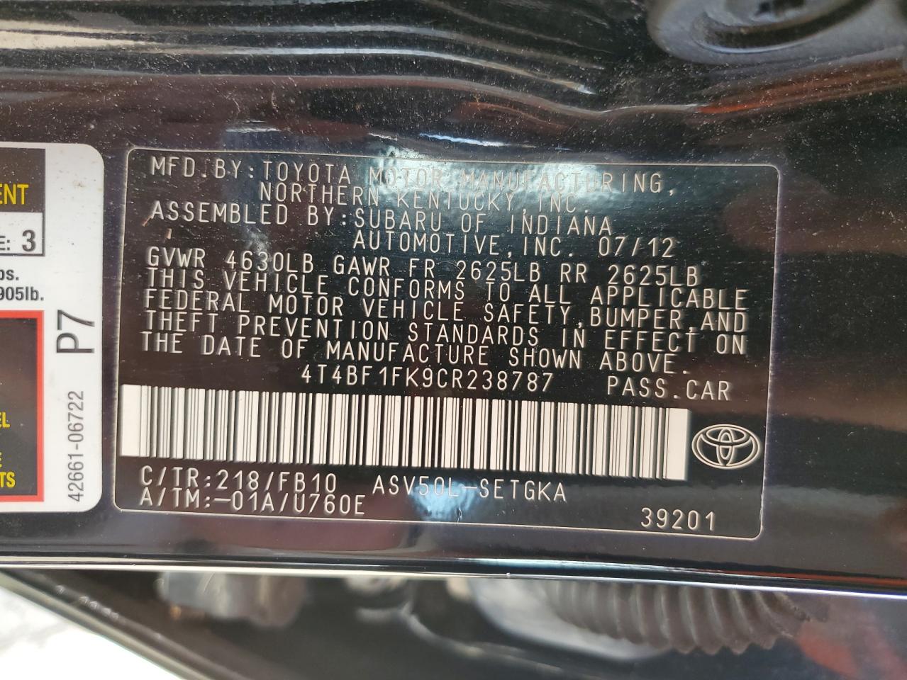 4T4BF1FK9CR238787 2012 Toyota Camry Base