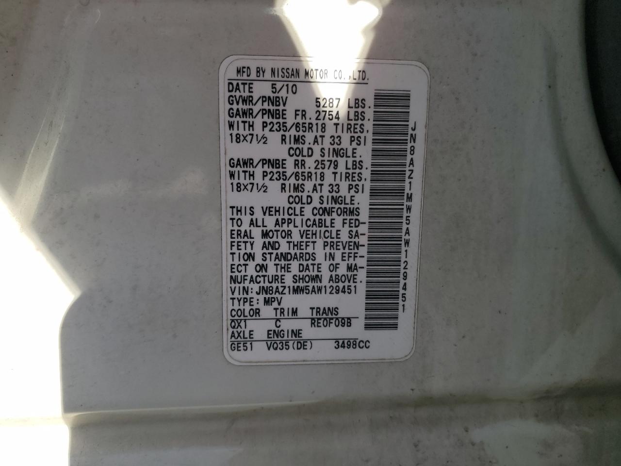 2010 Nissan Murano S VIN: JN8AZ1MW5AW129451 Lot: 78120794