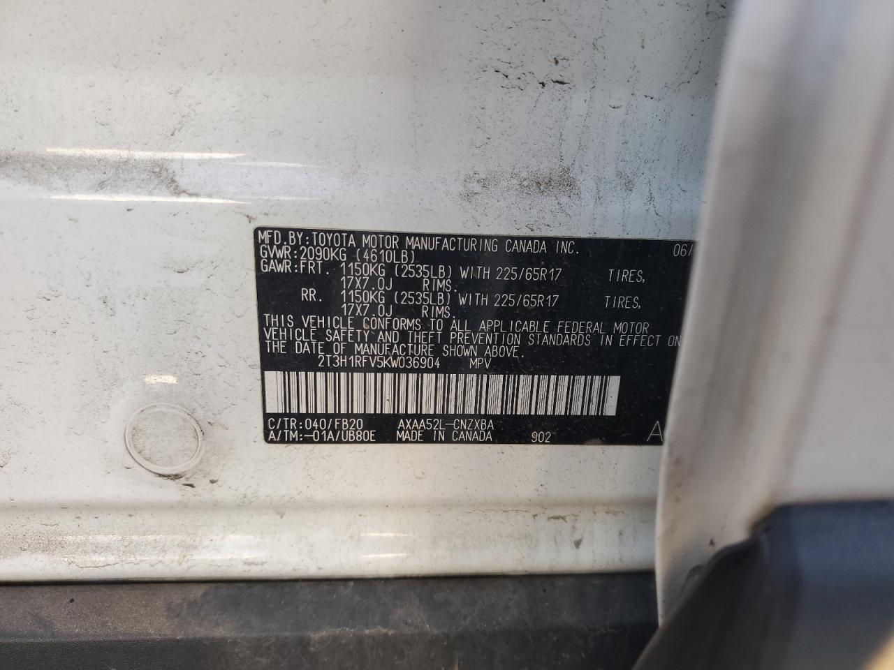 2T3H1RFV5KW036904 2019 Toyota Rav4 Le