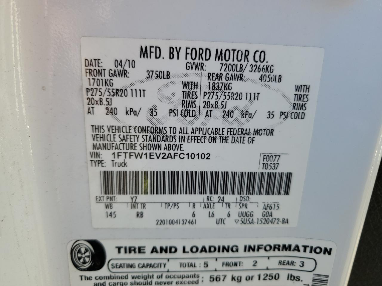 2010 Ford F150 Supercrew VIN: 1FTFW1EV2AFC10102 Lot: 76030534