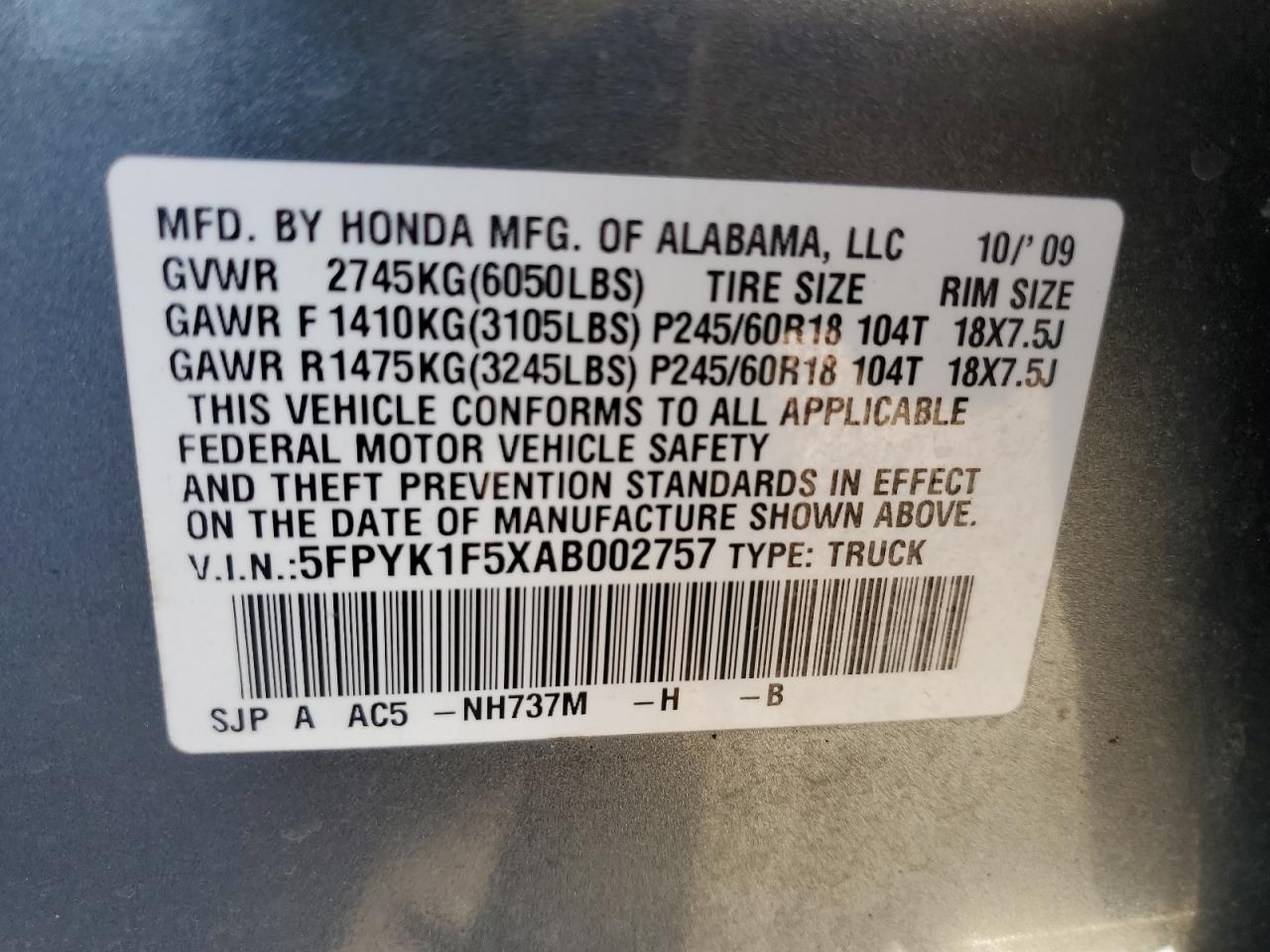 5FPYK1F5XAB002757 2010 Honda Ridgeline Rtl