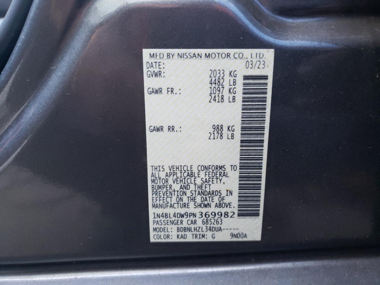 2023 Nissan Altima Sv VIN: 1N4BL4DW9PN369982 Lot: 77715464