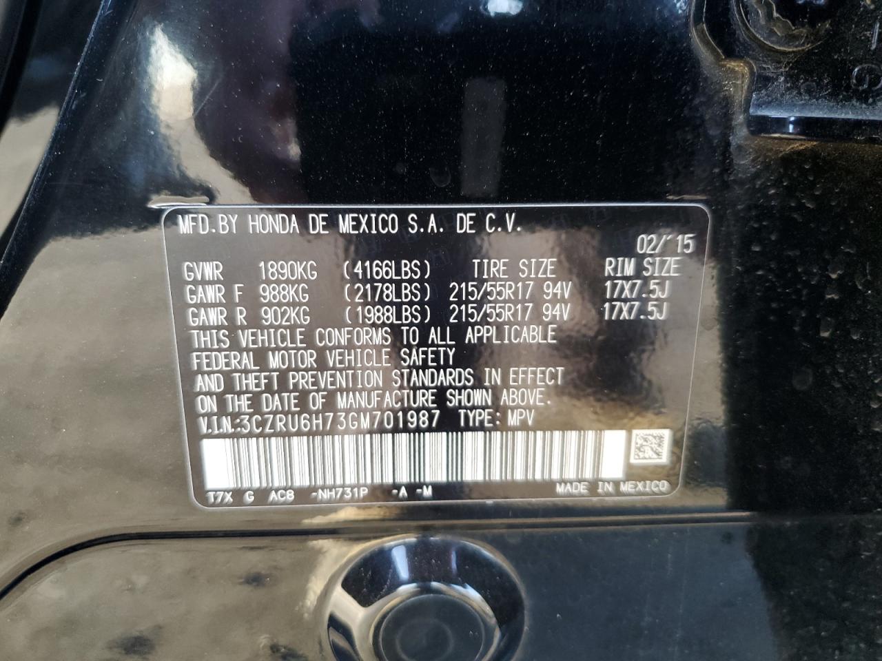 2016 Honda Hr-V Exl VIN: 3CZRU6H73GM701987 Lot: 78045694