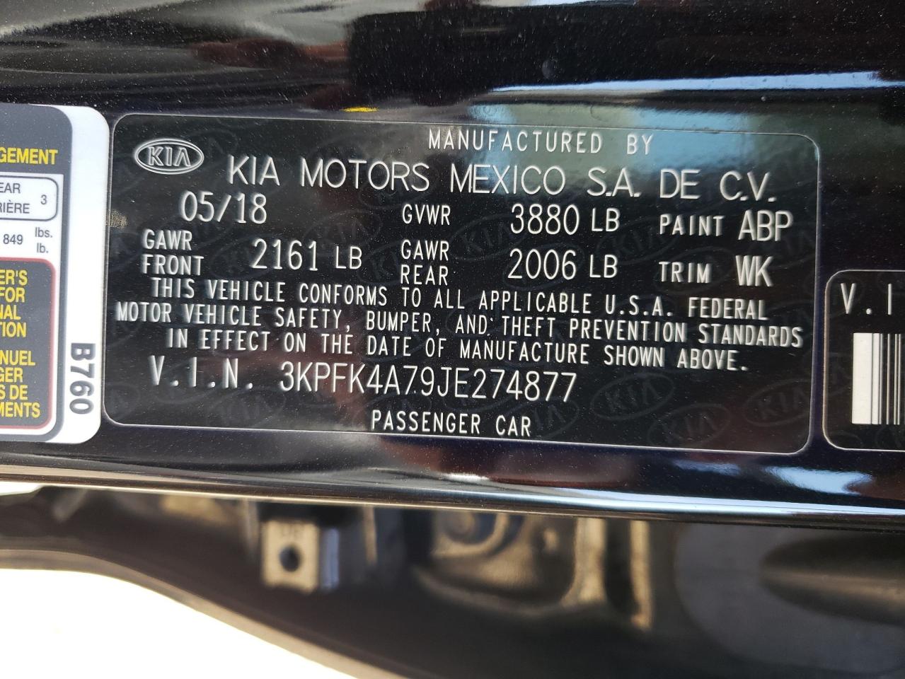 3KPFK4A79JE274877 2018 Kia Forte Lx