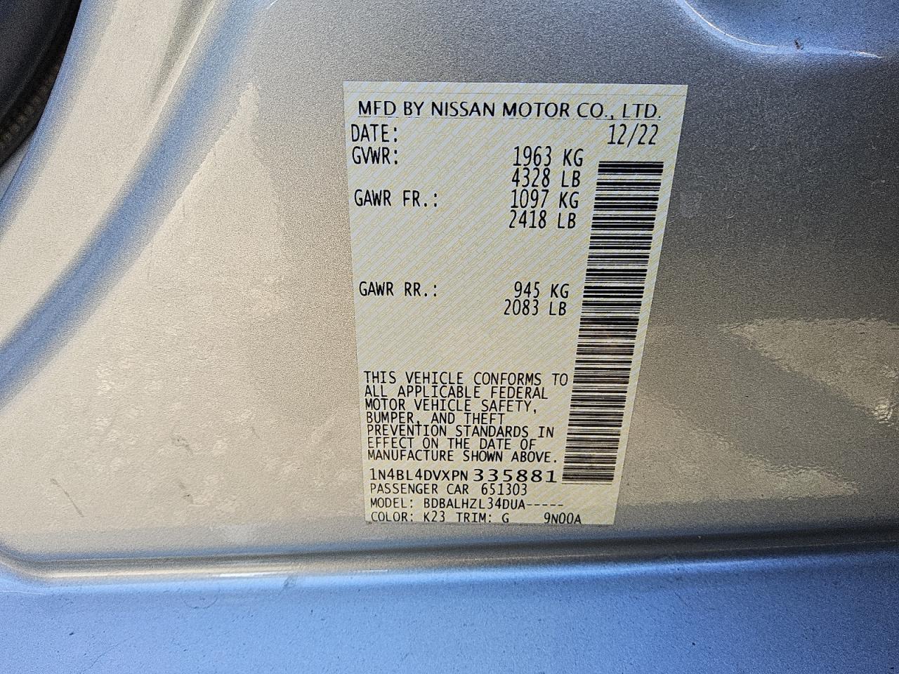 1N4BL4DVXPN335881 2023 Nissan Altima Sv