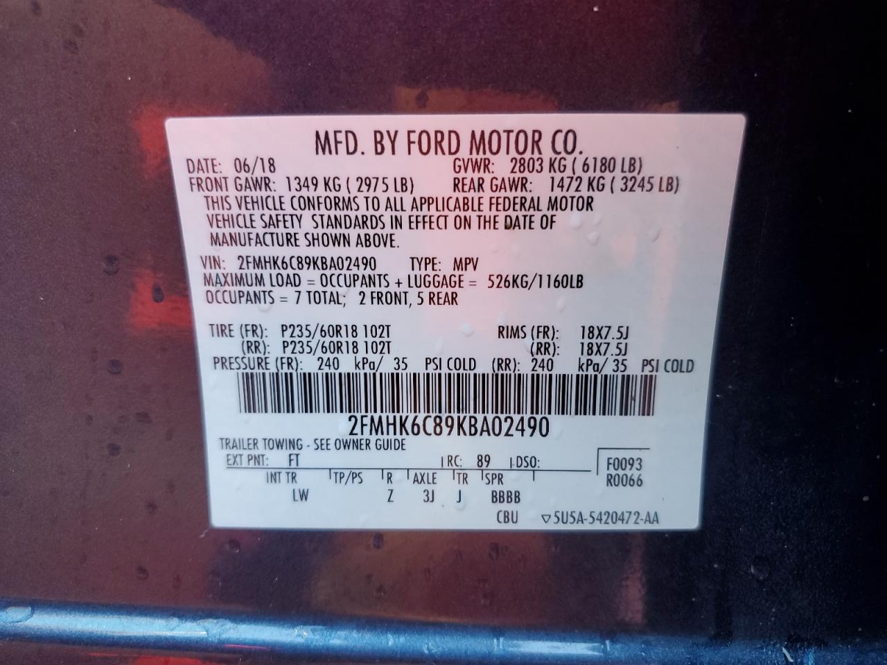 2019 Ford Flex Sel VIN: 2FMHK6C89KBA02490 Lot: 74133614