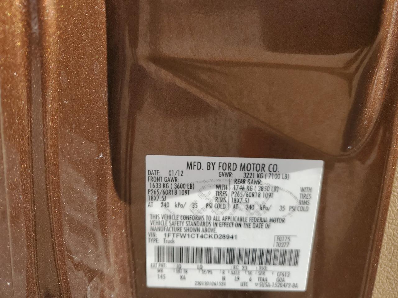 2012 Ford F150 Supercrew VIN: 1FTFW1CT4CKD28941 Lot: 78407054