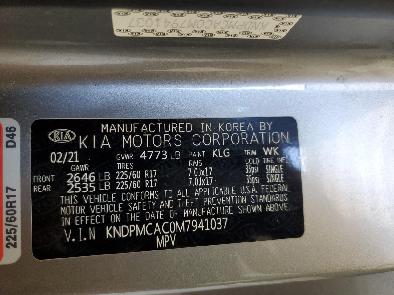 KNDPMCAC0M7941037 2021 Kia Sportage Lx