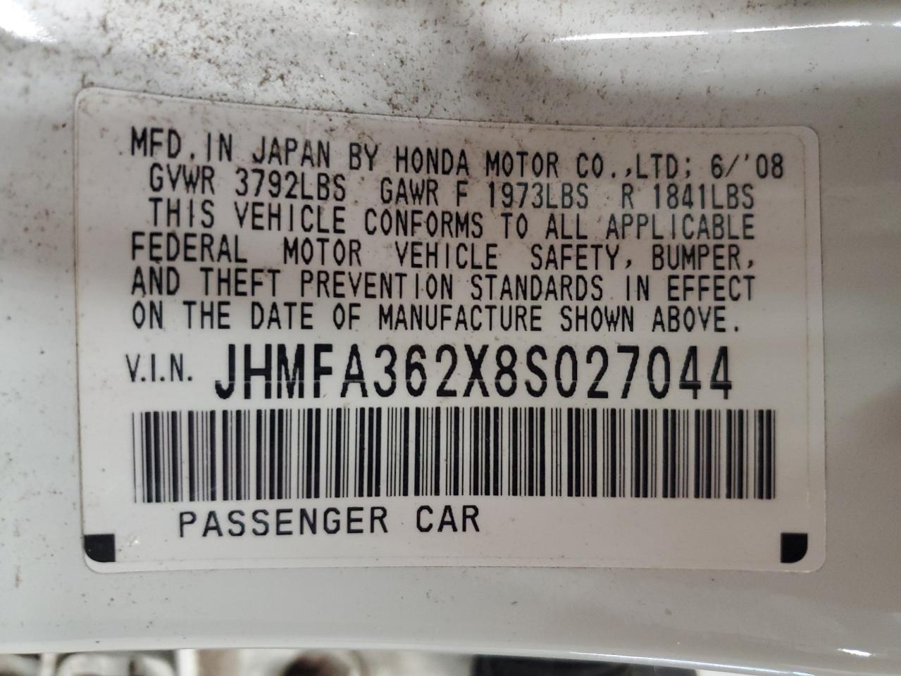 2008 Honda Civic Hybrid VIN: JHMFA362X8S027044 Lot: 76945274