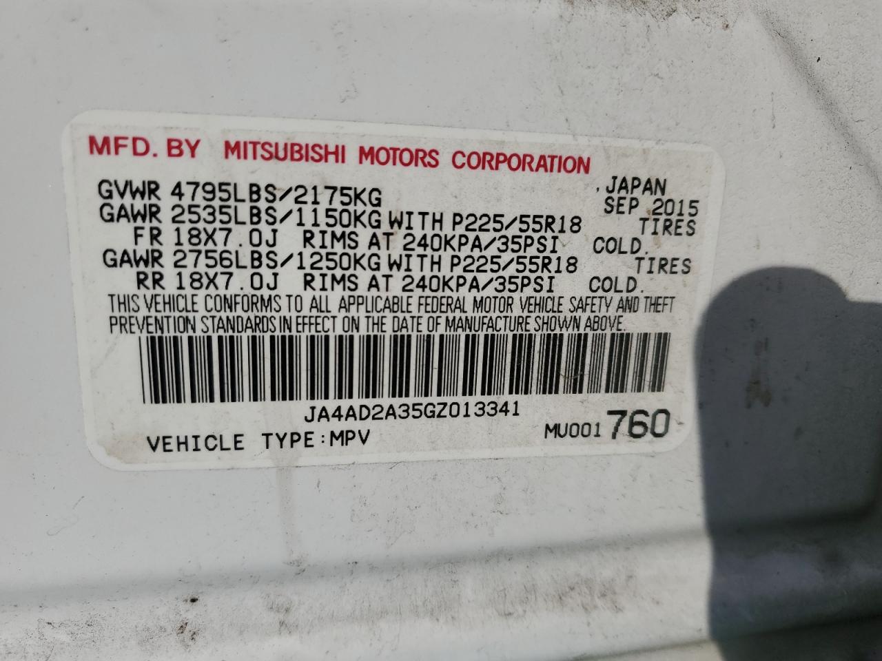 2016 Mitsubishi Outlander Es VIN: JA4AD2A35GZ013341 Lot: 74375184