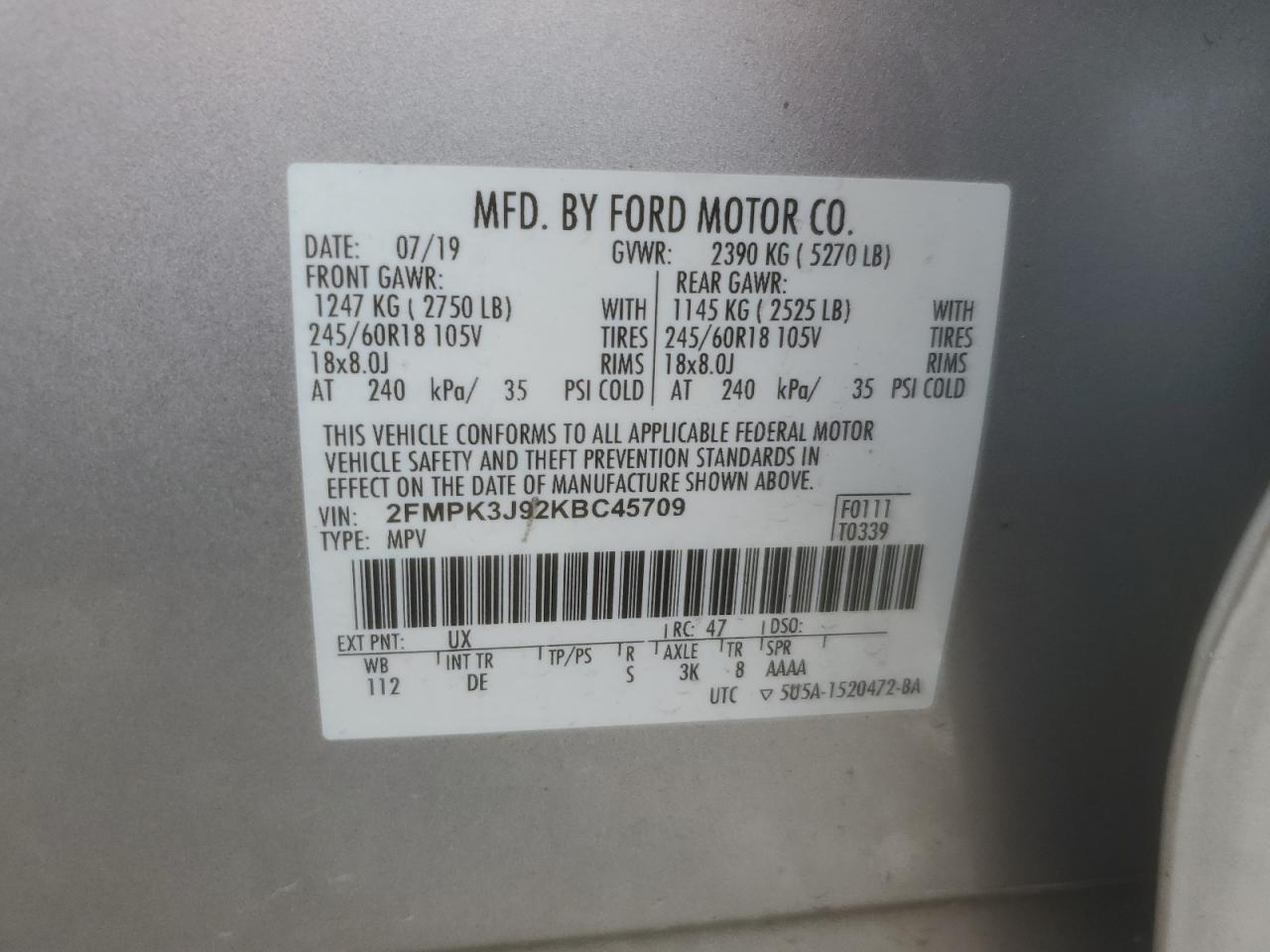 2FMPK3J92KBC45709 2019 Ford Edge Sel