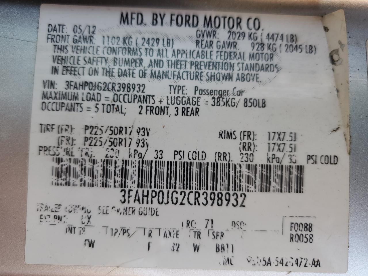 2012 Ford Fusion Sel VIN: 3FAHP0JG2CR398932 Lot: 76602484