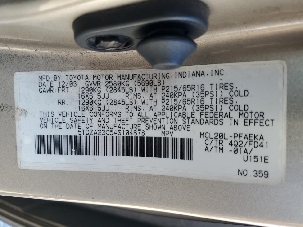 5TDZA23C54S104878 2004 Toyota Sienna Ce