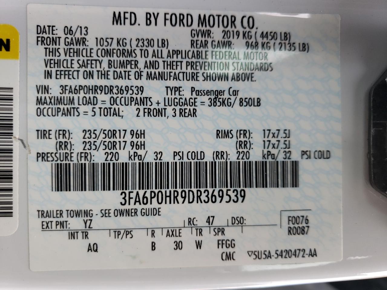 2013 Ford Fusion Se VIN: 3FA6P0HR9DR369539 Lot: 76057024