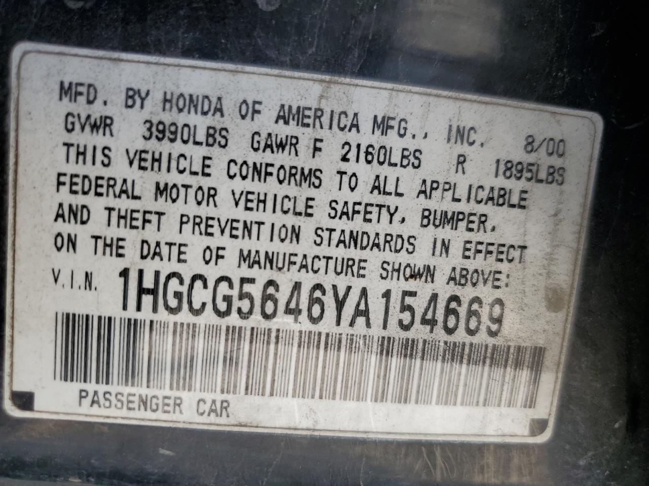 1HGCG5646YA154669 2000 Honda Accord Lx