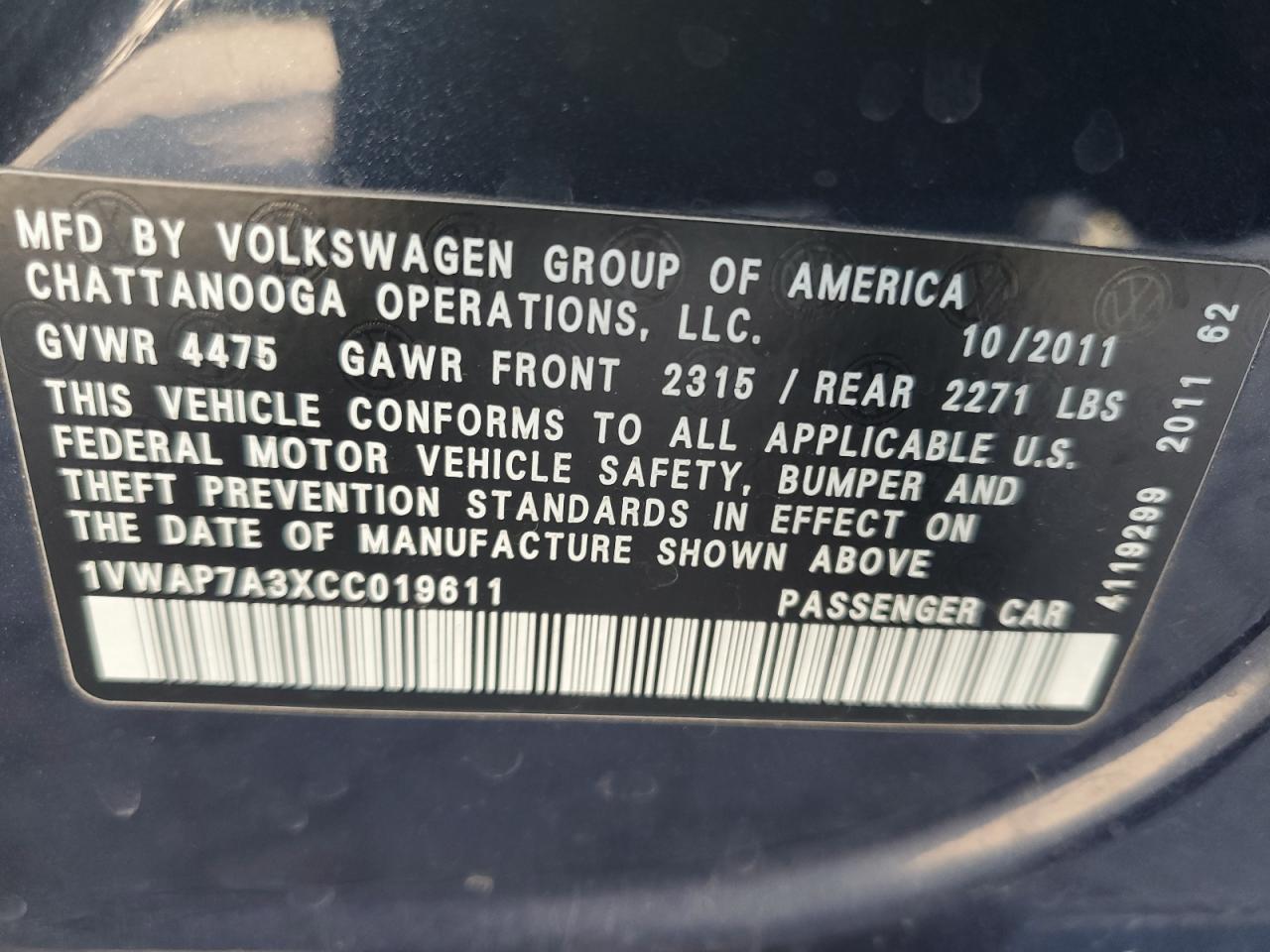 2012 Volkswagen Passat S VIN: 1VWAP7A3XCC019611 Lot: 74554094