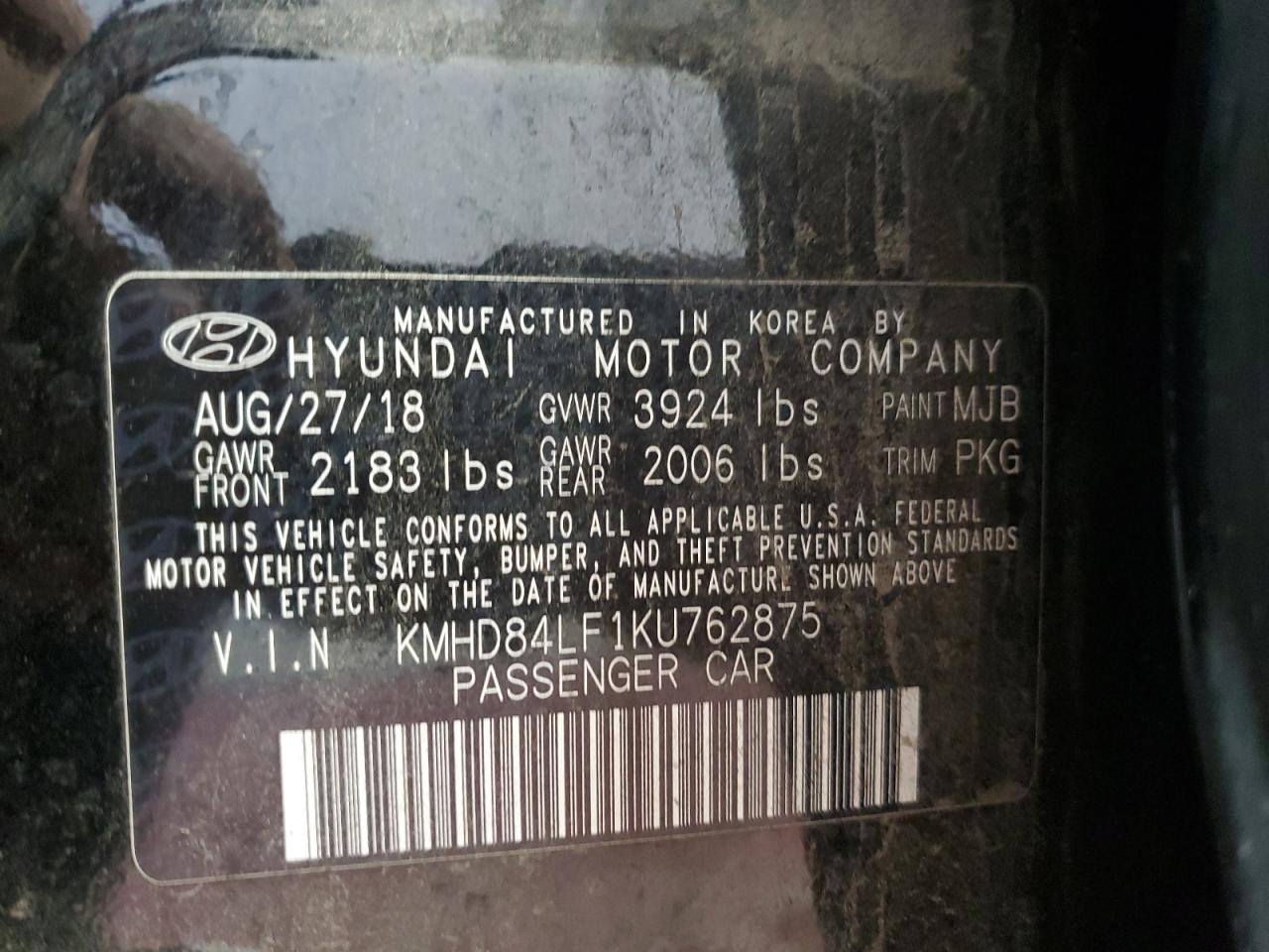 KMHD84LF1KU762875 2019 Hyundai Elantra Sel