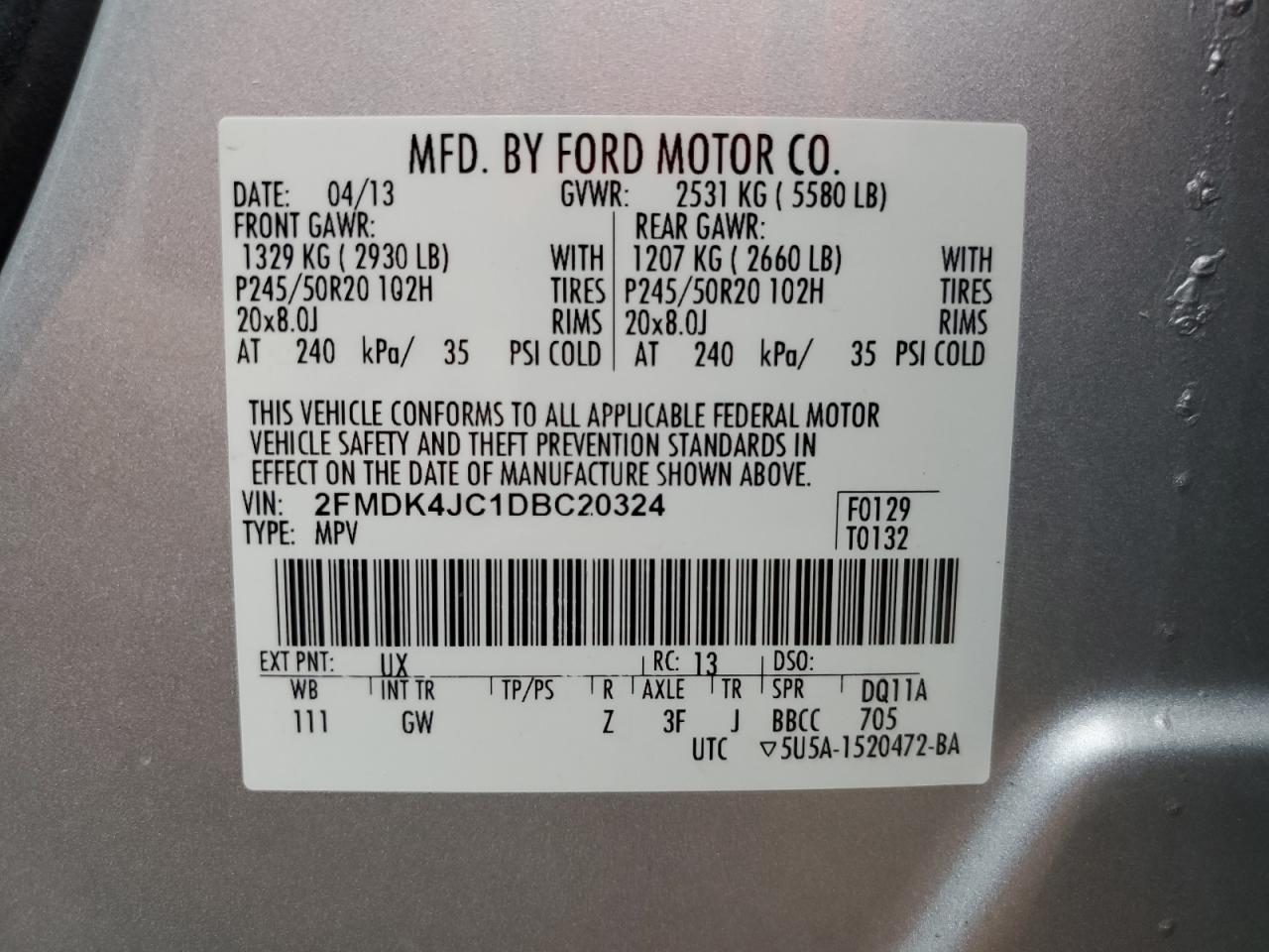 VIN 2FMDK4JC1DBC20324 2013 FORD EDGE no.14