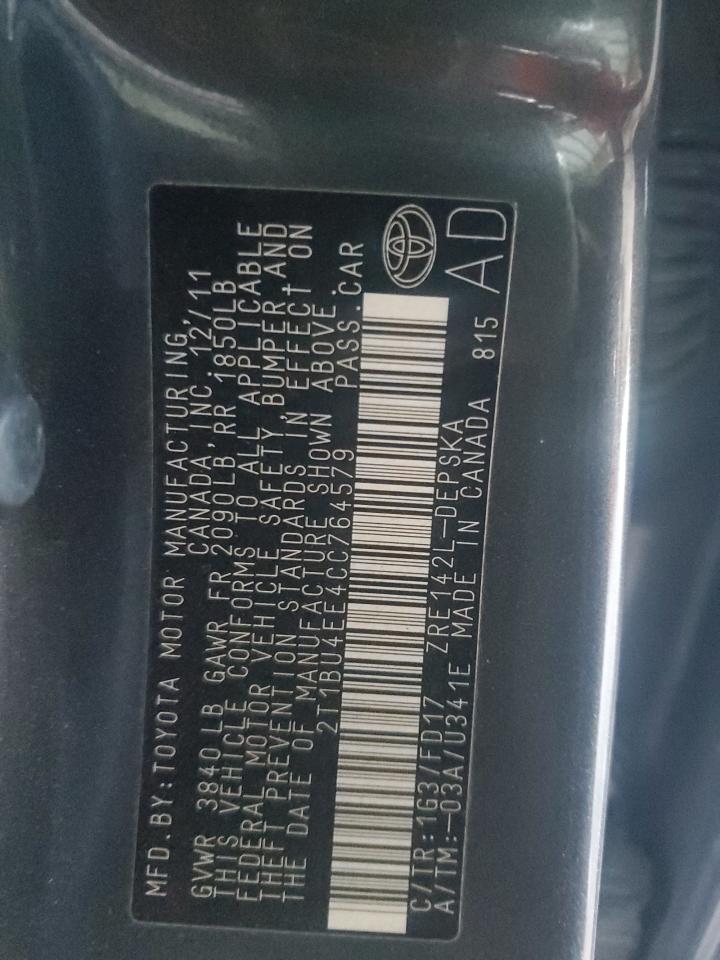 2012 Toyota Corolla Base VIN: 2T1BU4EE4CC764579 Lot: 77276224