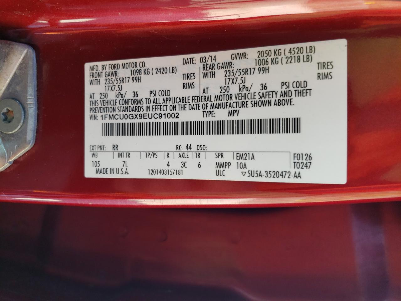 2014 Ford Escape Se VIN: 1FMCU0GX9EUC91002 Lot: 76909864