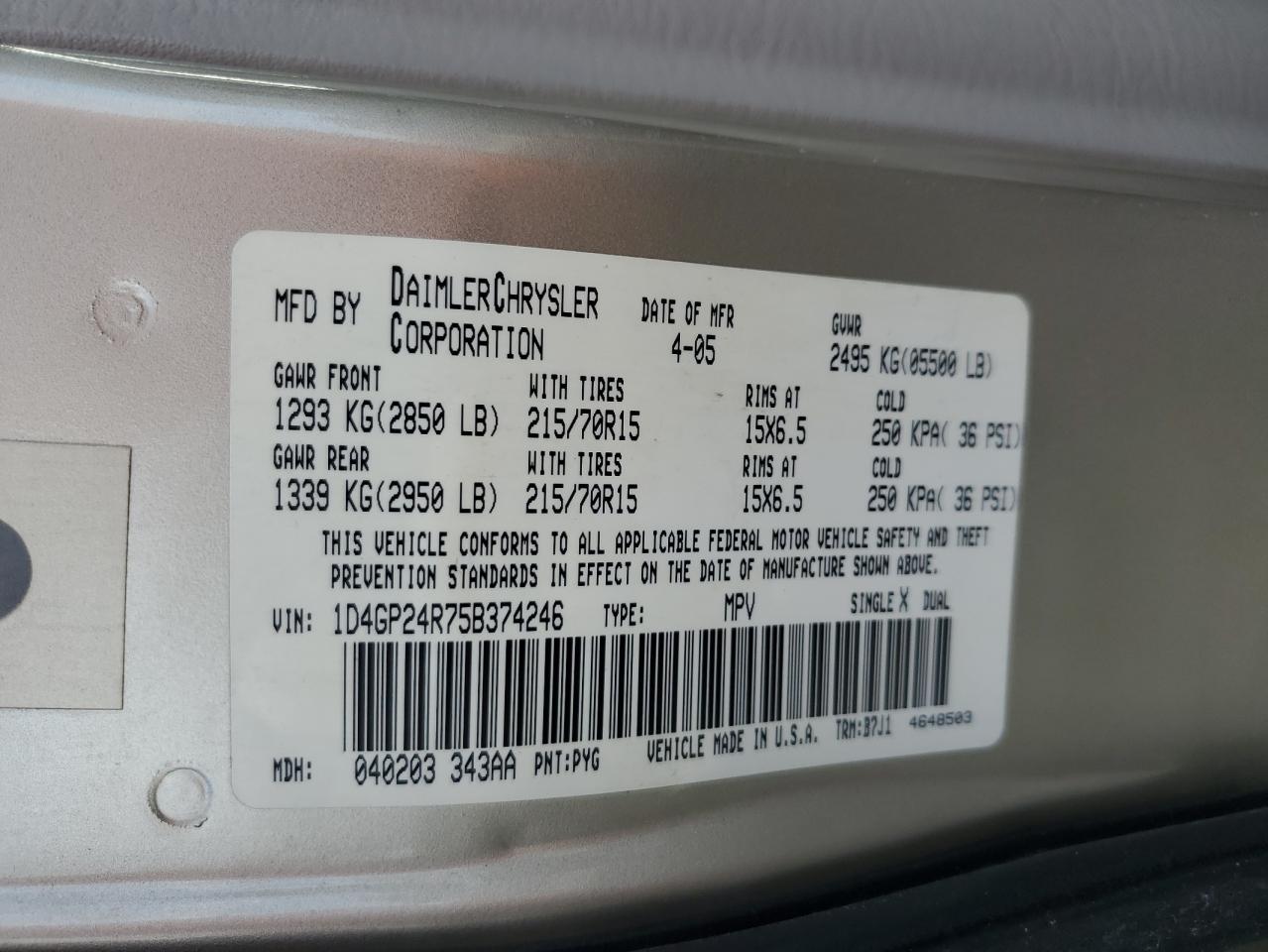 2005 Dodge Grand Caravan Se VIN: 1D4GP24R75B374246 Lot: 77561044