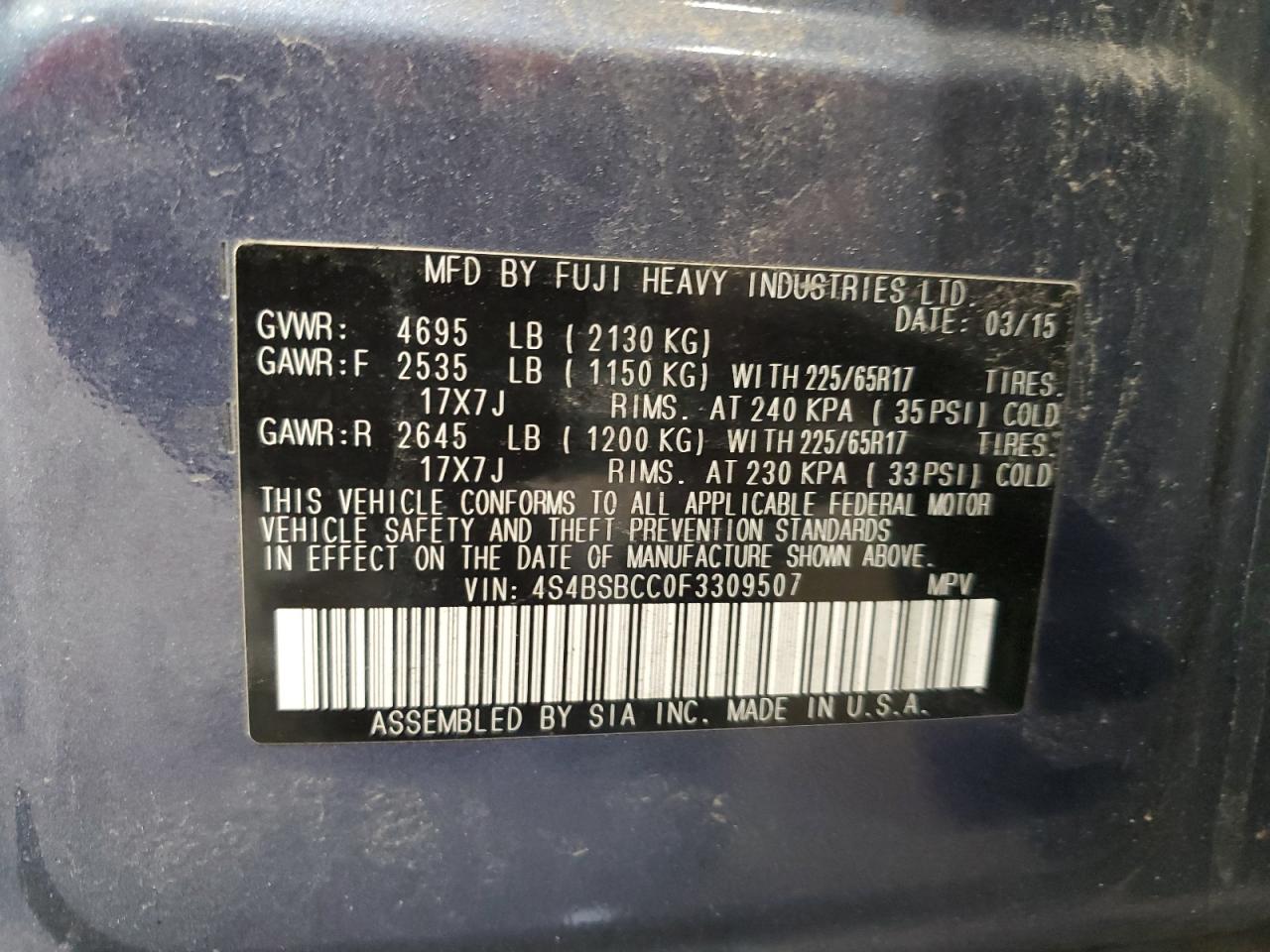 2015 Subaru Outback 2.5I Premium VIN: 4S4BSBCC0F3309507 Lot: 75466294