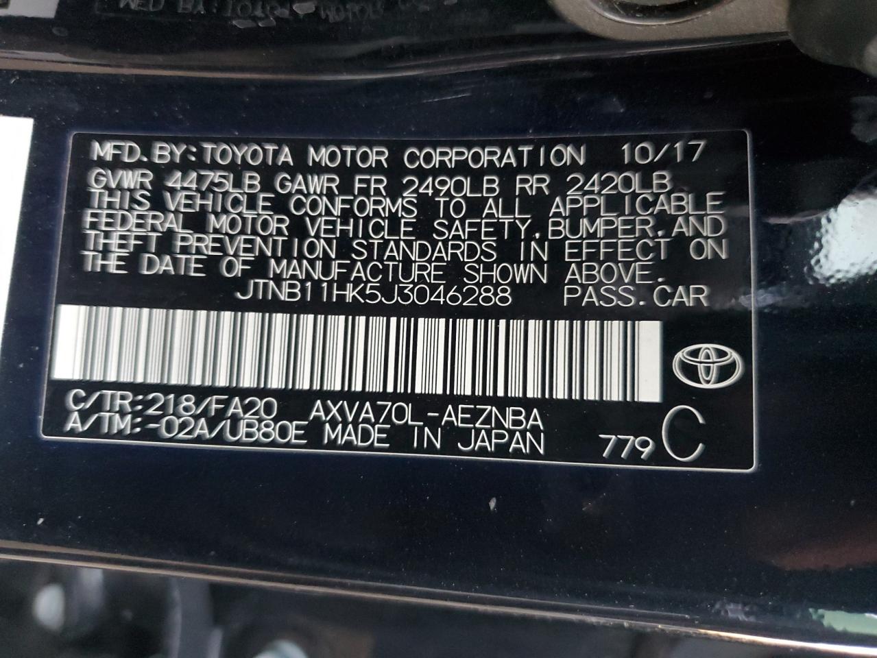 JTNB11HK5J3046288 2018 Toyota Camry L