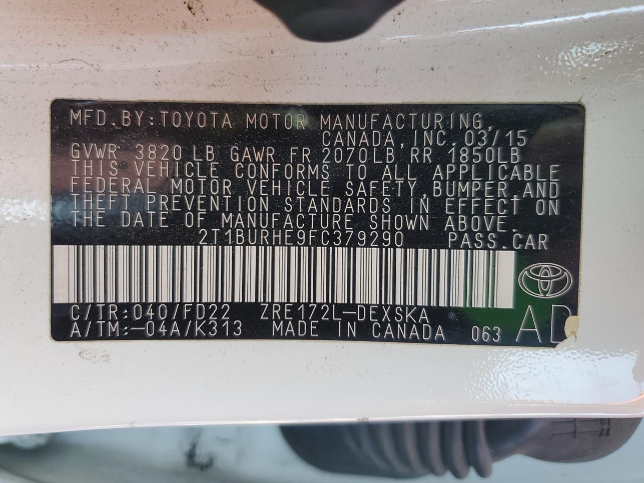 2T1BURHE9FC379290 2015 TOYOTA COROLLA - Image 12